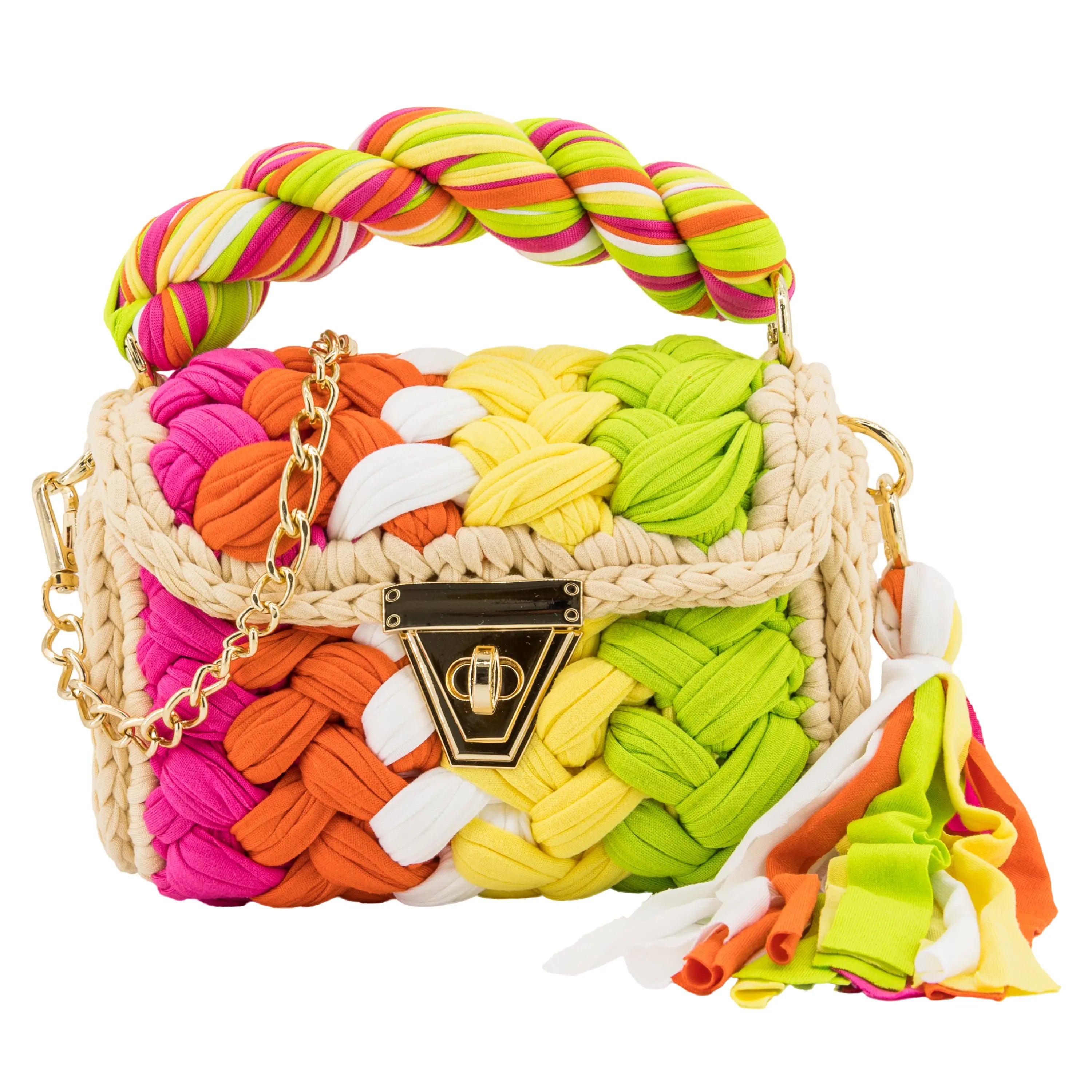 Crochet Handbag with Twist Handle-Green & Orange