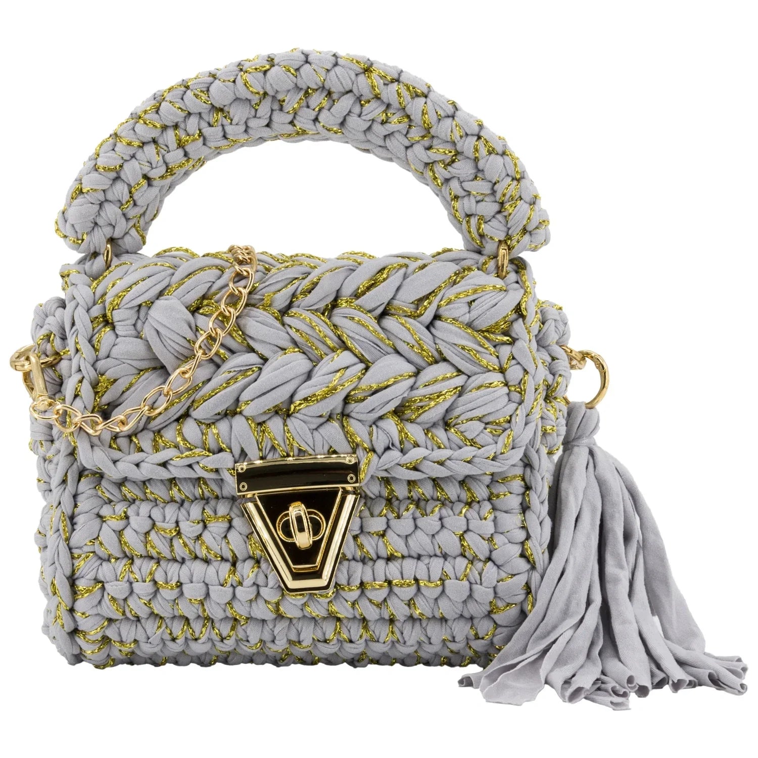 Crochet Handbag with Golden Thread-Grey