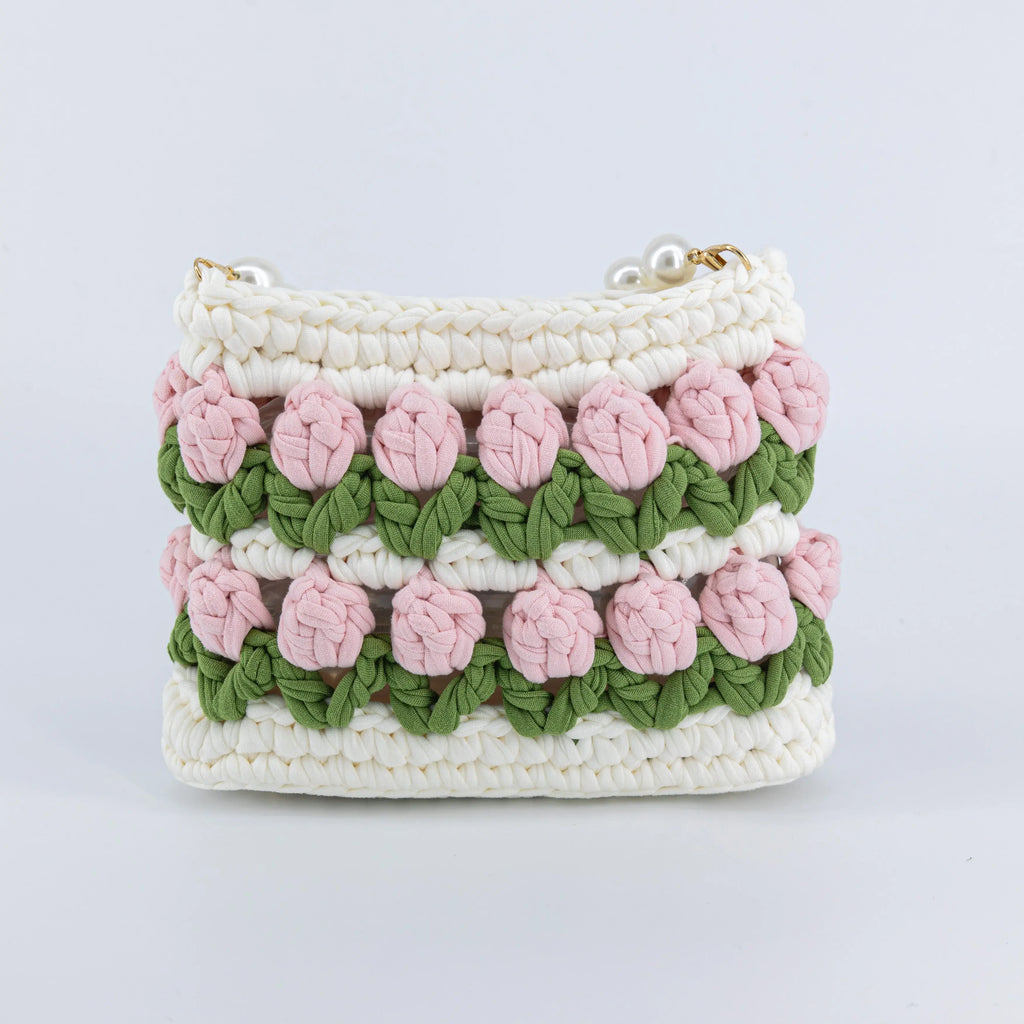 Crochet Tulip Handbag with Pearl Handle & Chain