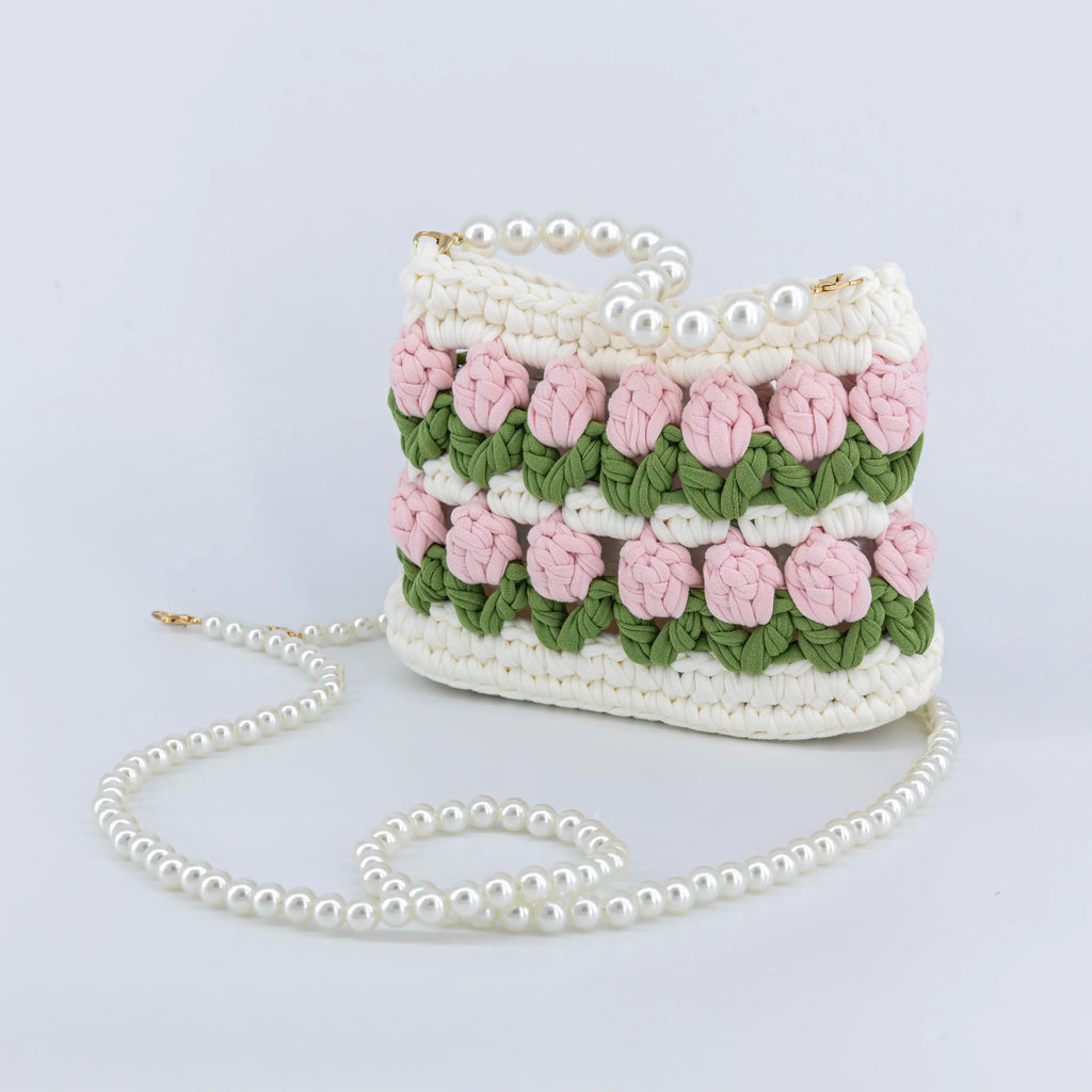 Crochet Tulip Handbag with Pearl Handle & Chain