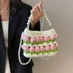 Crochet Tulip Handbag with Pearl Handle & Chain