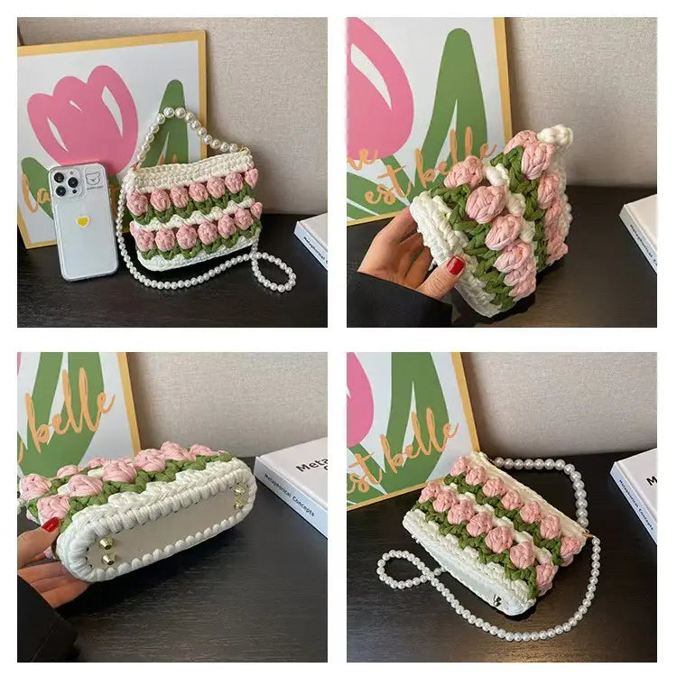 Crochet Tulip Handbag with Pearl Handle & Chain