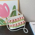 Crochet Tulip Handbag with Pearl Handle & Chain