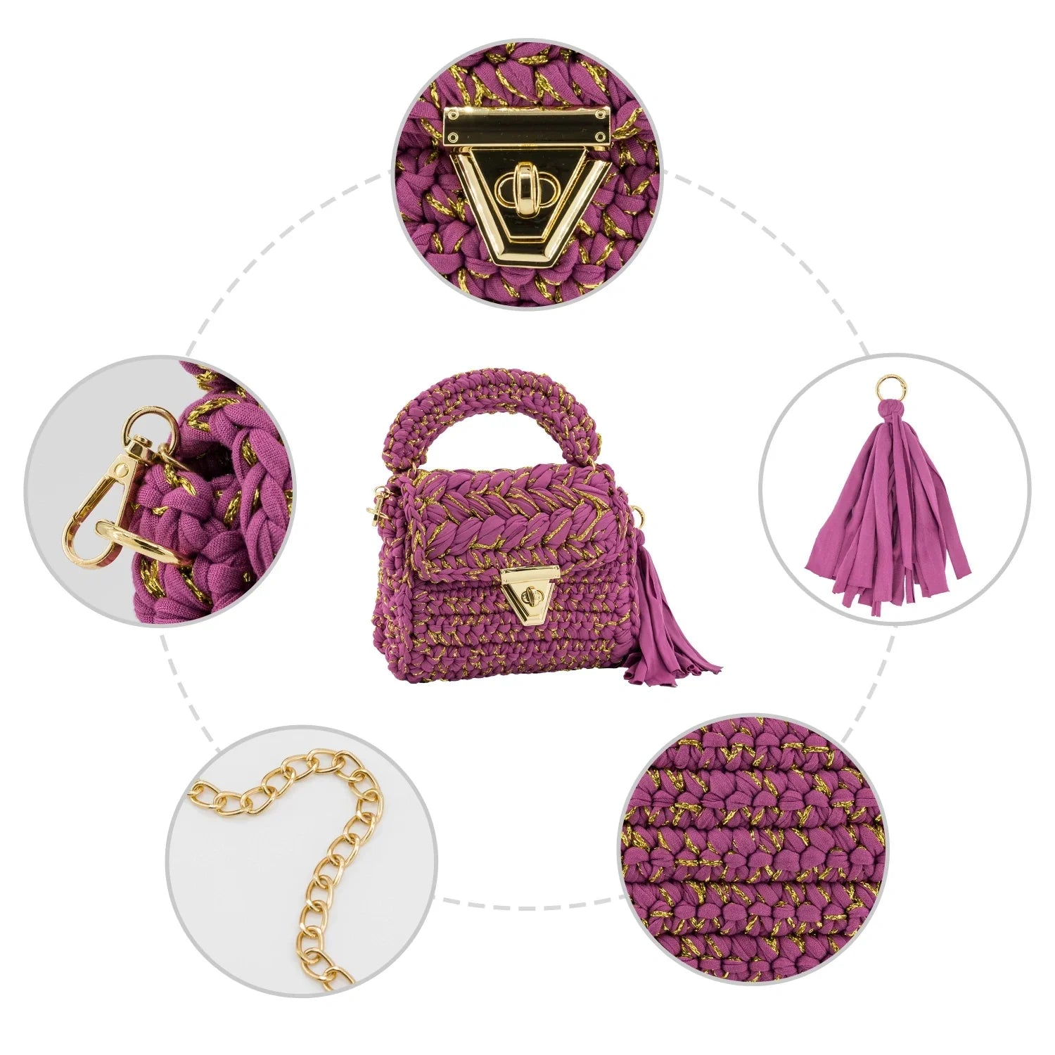 Crochet Handbag with Golden Thread-Rose Red