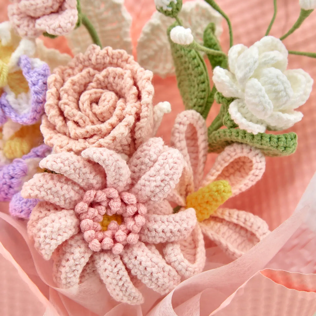 Pink Crochet Gerbera Daisy Rose Jasmine Bouquet