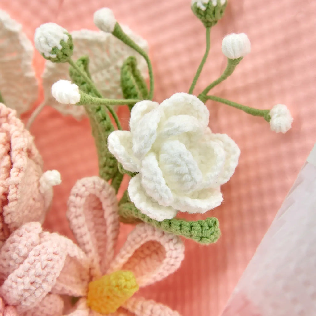 Pink Crochet Gerbera Daisy Rose Jasmine Bouquet