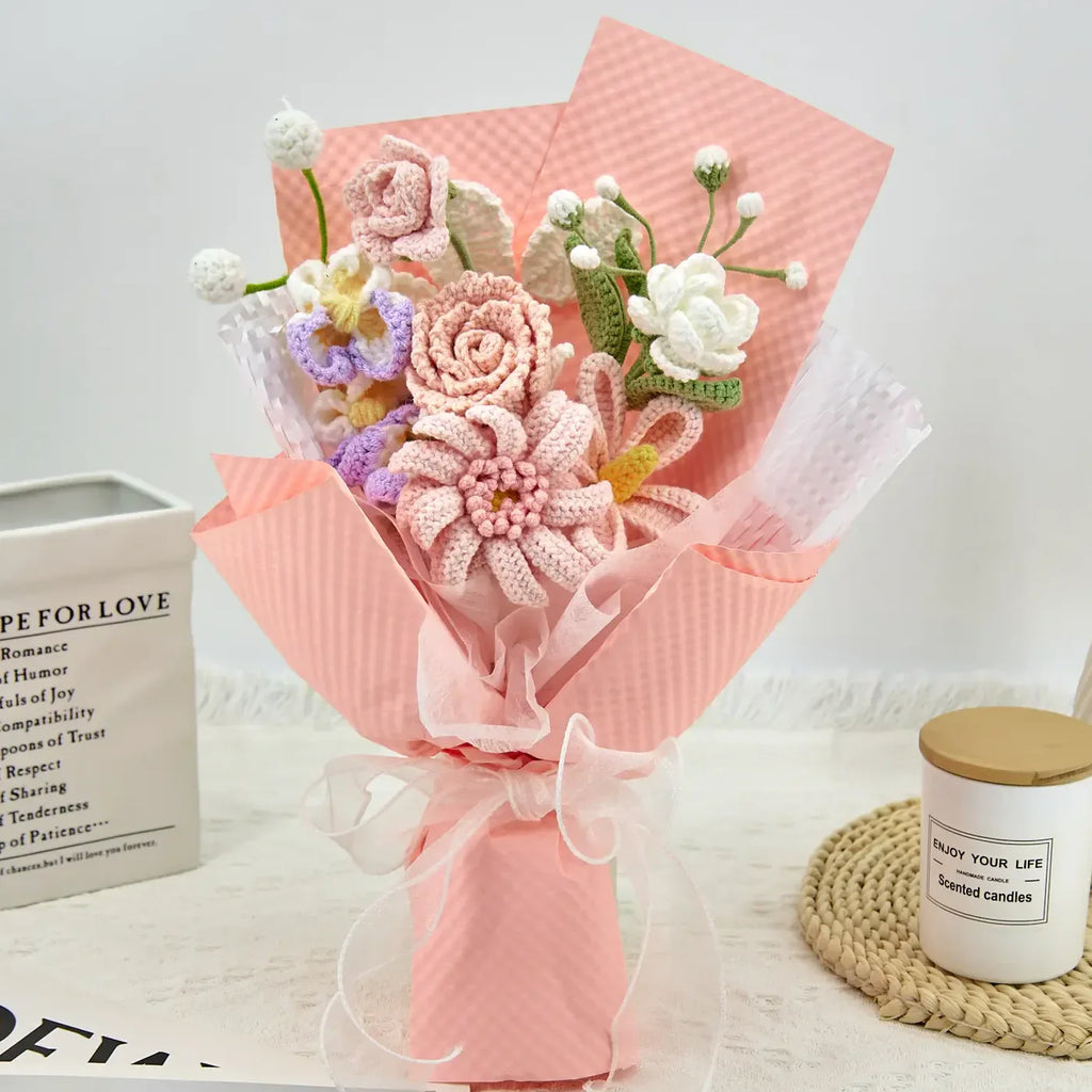 Pink Crochet Gerbera Daisy Rose Jasmine Bouquet