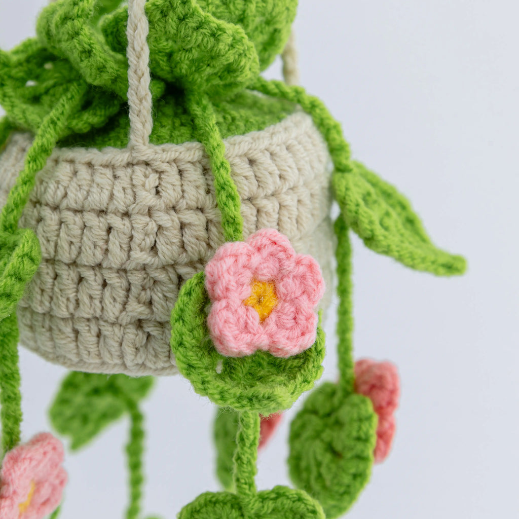Crochet Light Green Hanging with Pink Flowers
