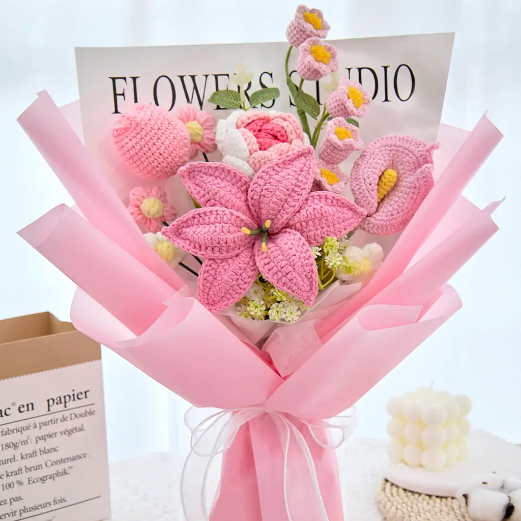 Pink Crochet Lily Rose Tulip Bouquet