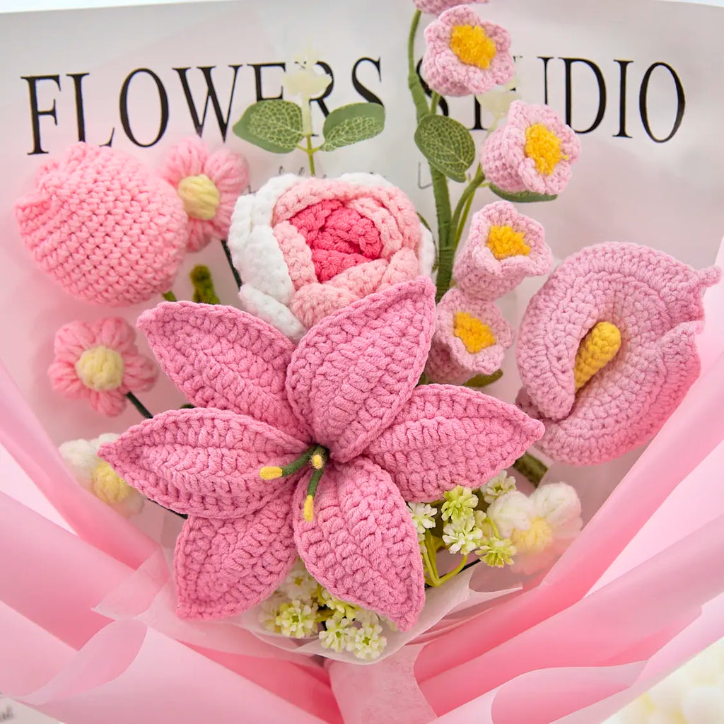 Pink Crochet Lily Rose Tulip Bouquet