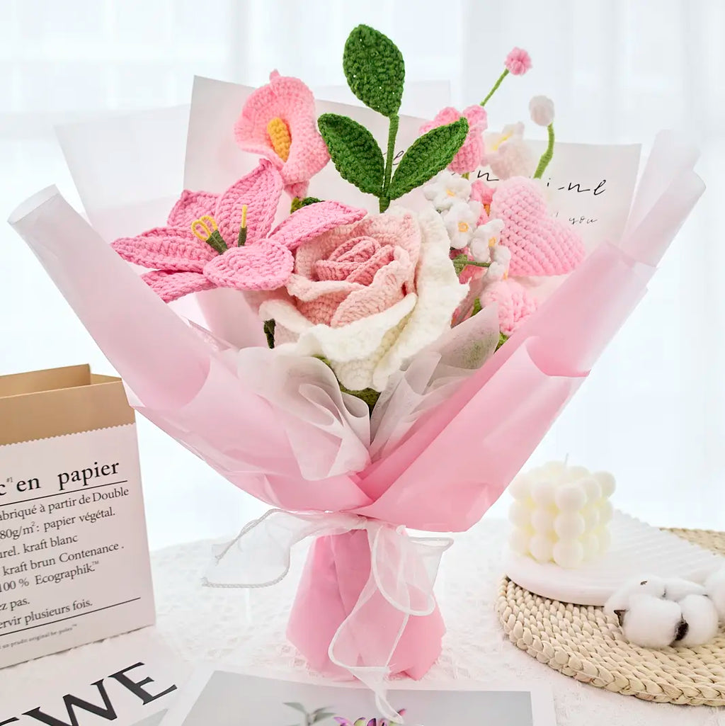 Pink Crochet Thai Rose Lily Bouquet