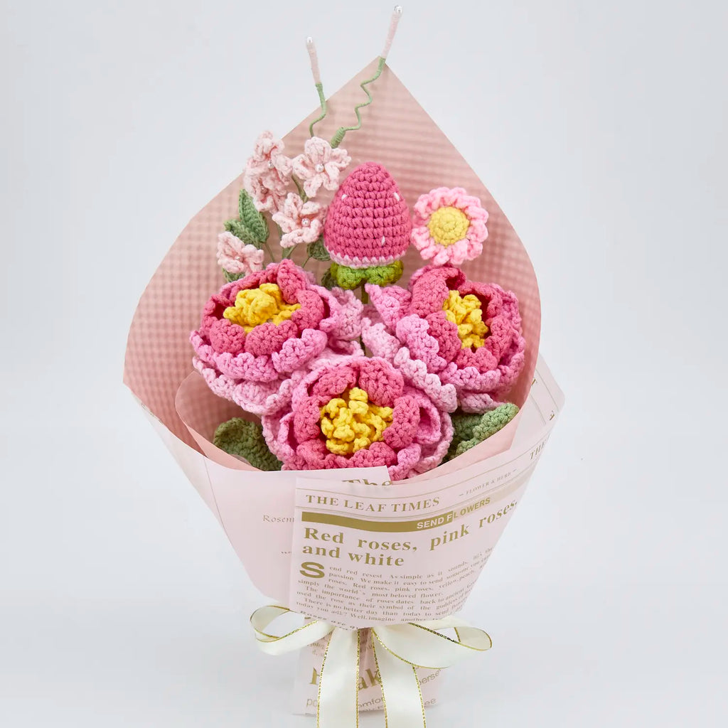 Crochet Peony Strawberry Daisy Bouquet