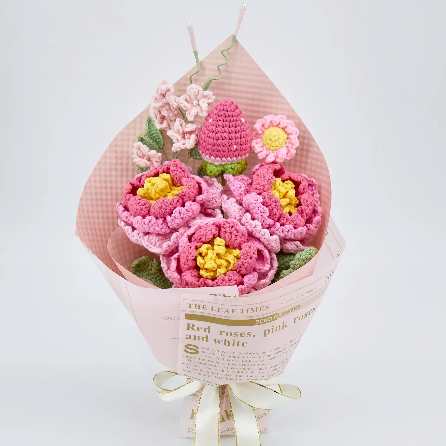 Crochet Peony Strawberry Daisy Bouquet