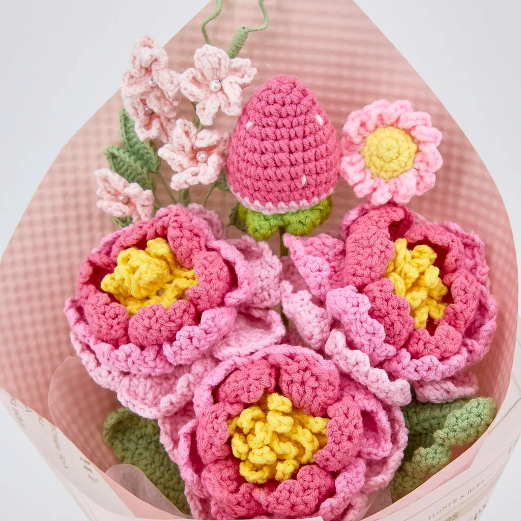 Crochet Peony Strawberry Daisy Bouquet