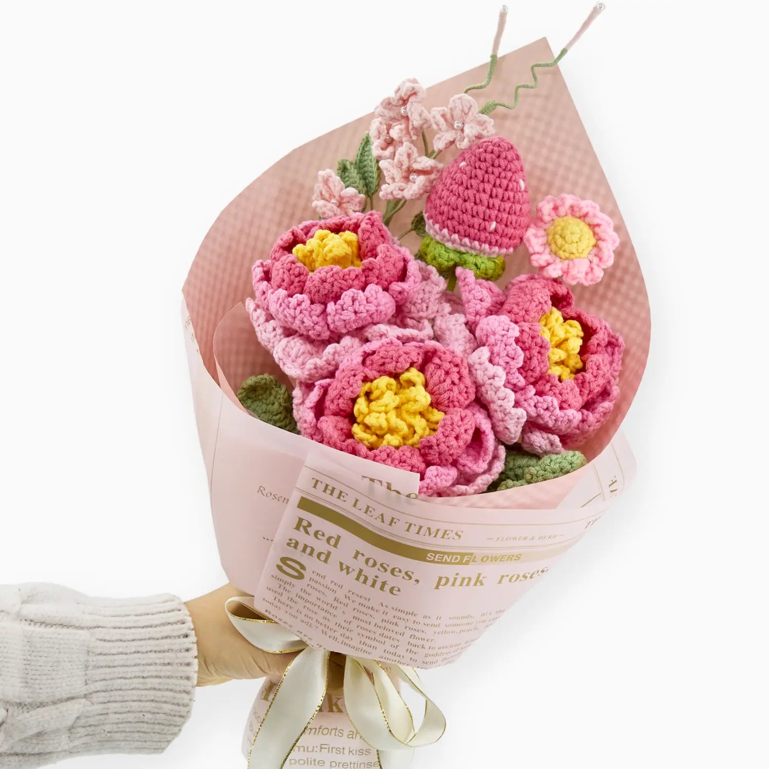 Crochet Peony Strawberry Daisy Bouquet