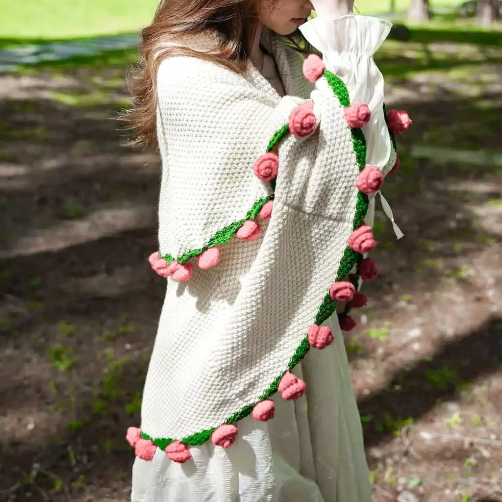 Cashmere Crochet Flower Bouquet Blanket-Pink Roses