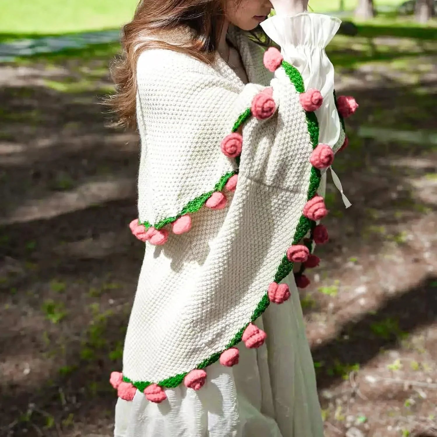 Cashmere Crochet Flower Bouquet Blanket-Pink Roses