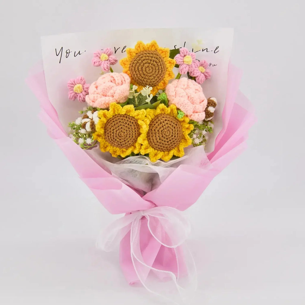 Crochet Sunflower Rose Bouquet with Pink Wrapping