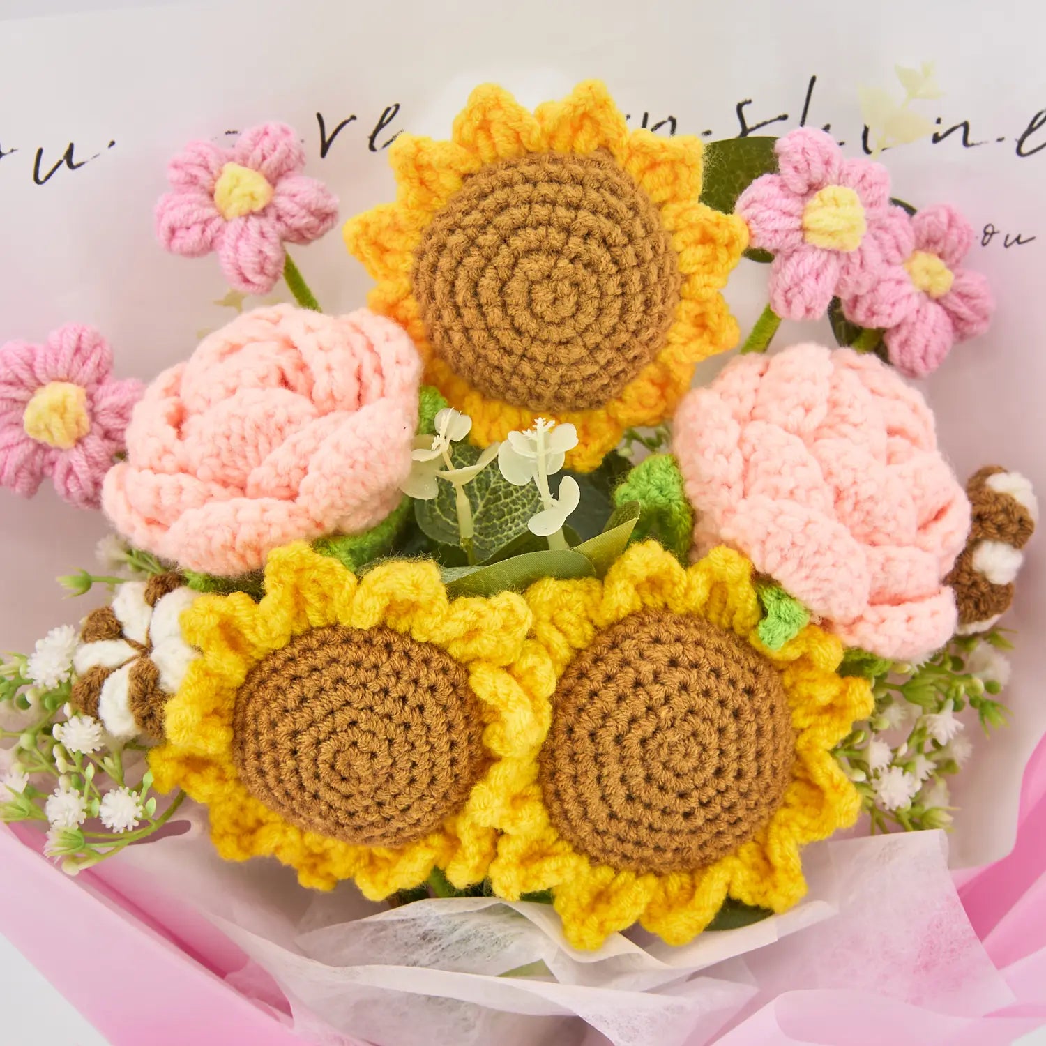 Crochet Sunflower Rose Bouquet with Pink Wrapping