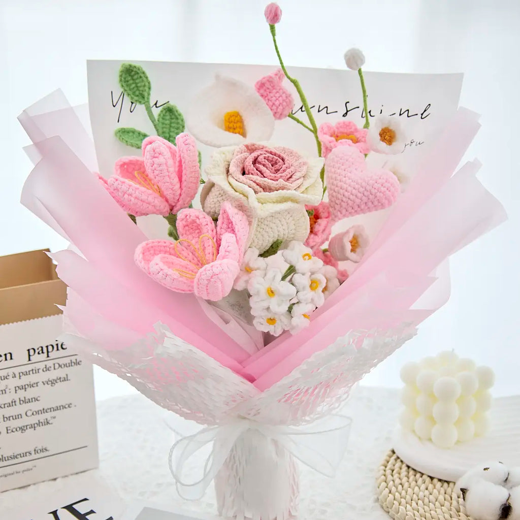 Pink Crochet Thai Rose Tulip Bouquet