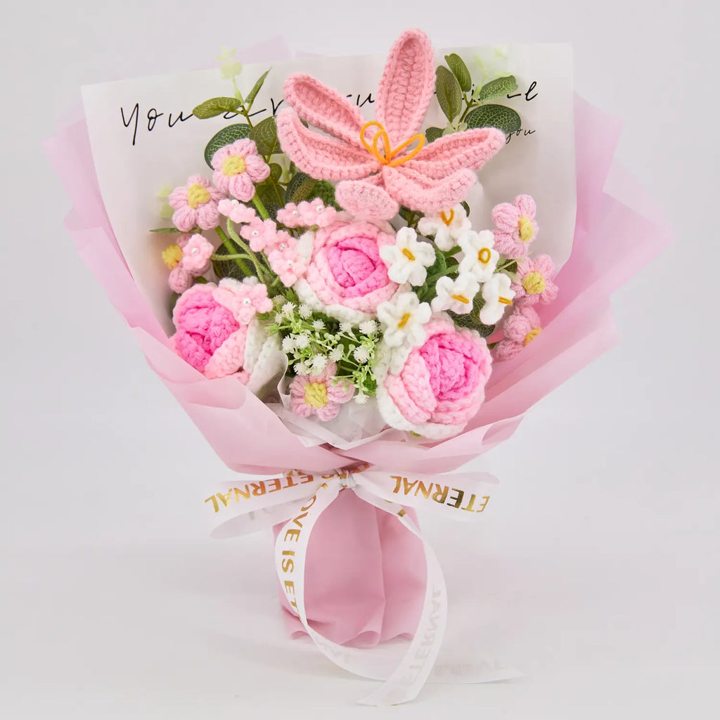 Pink Crochet Tulip Rose Bouquet