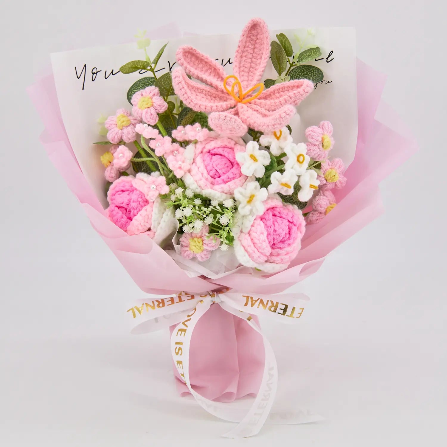 Pink Crochet Tulip Rose Bouquet