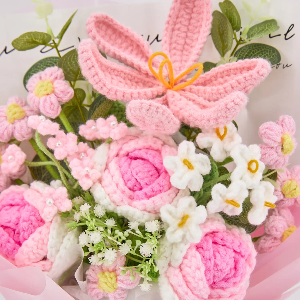 Pink Crochet Tulip Rose Bouquet