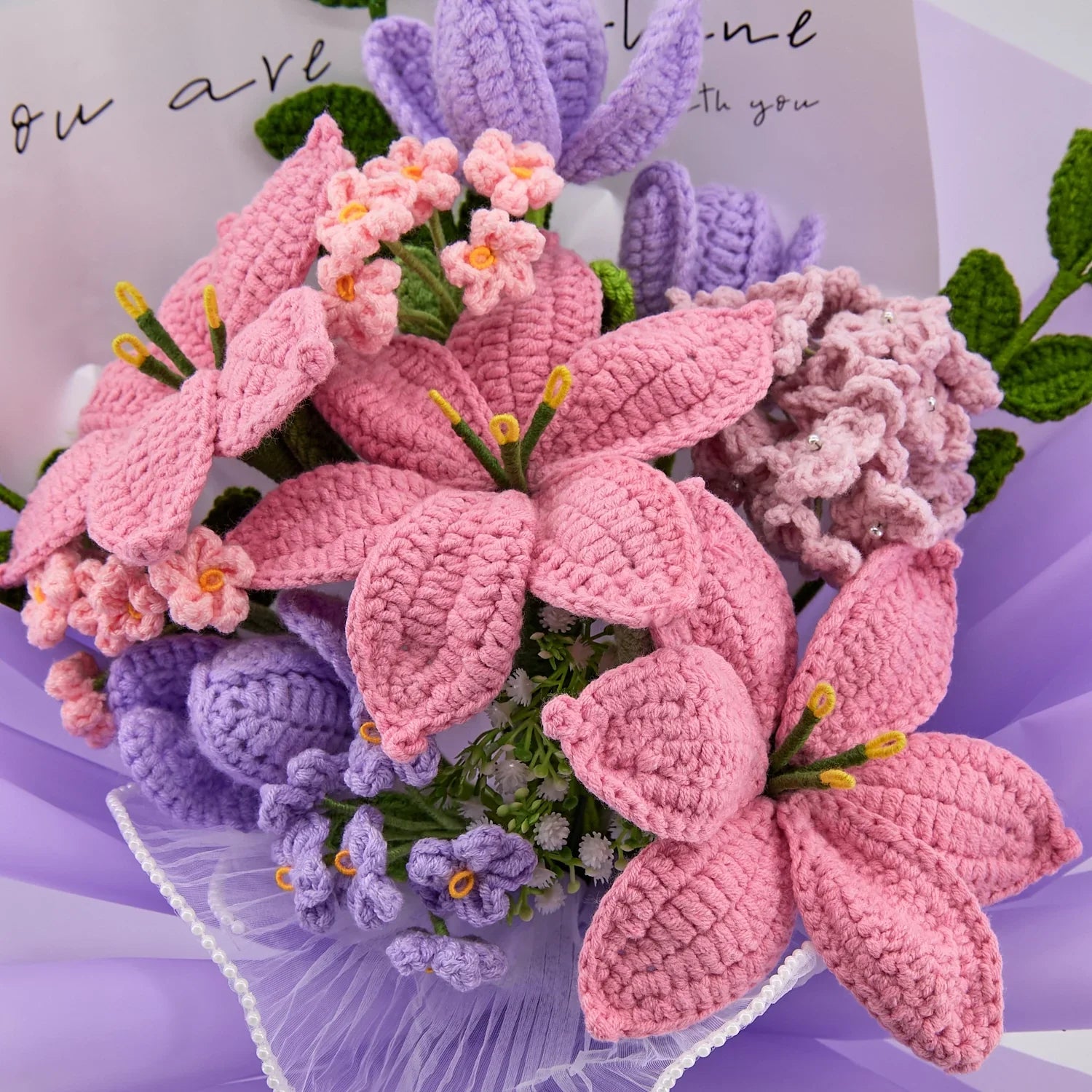 Crochet Pink Lily & Purple Tulip Bouquet