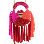 Crochet Round Handbag with Tassels-Red