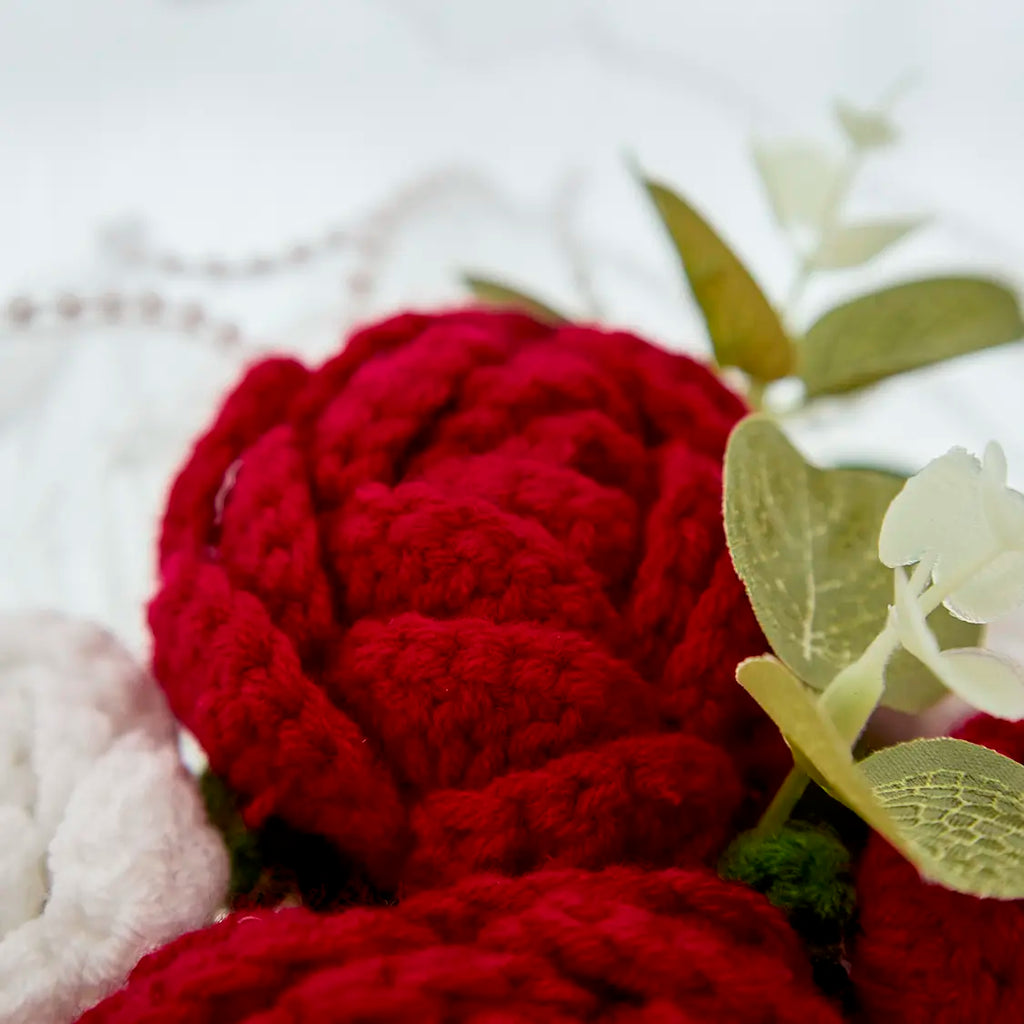 Round Crochet Red & White Rose Bouquet