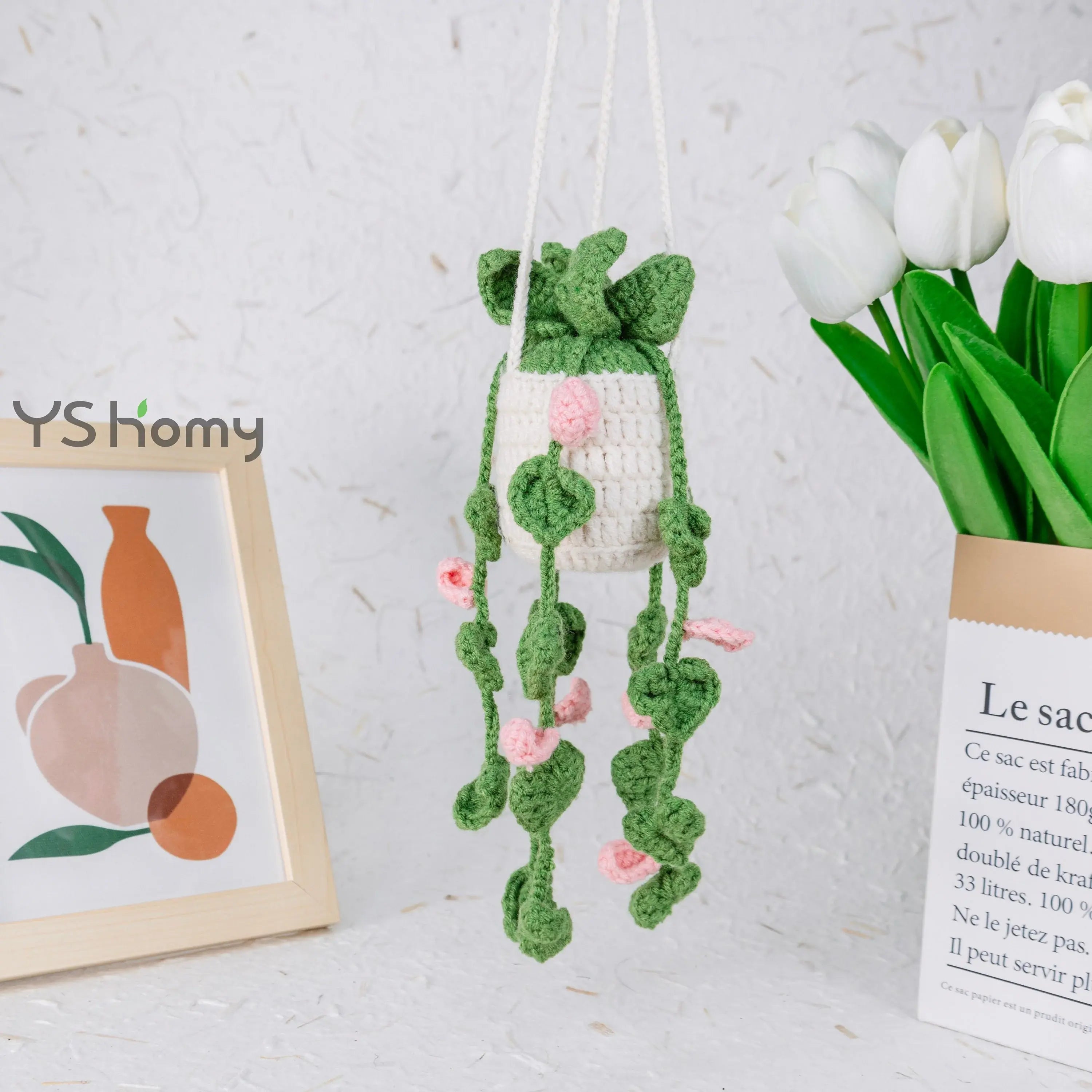 Crochet Hanging with Pink Flowers & White Pot