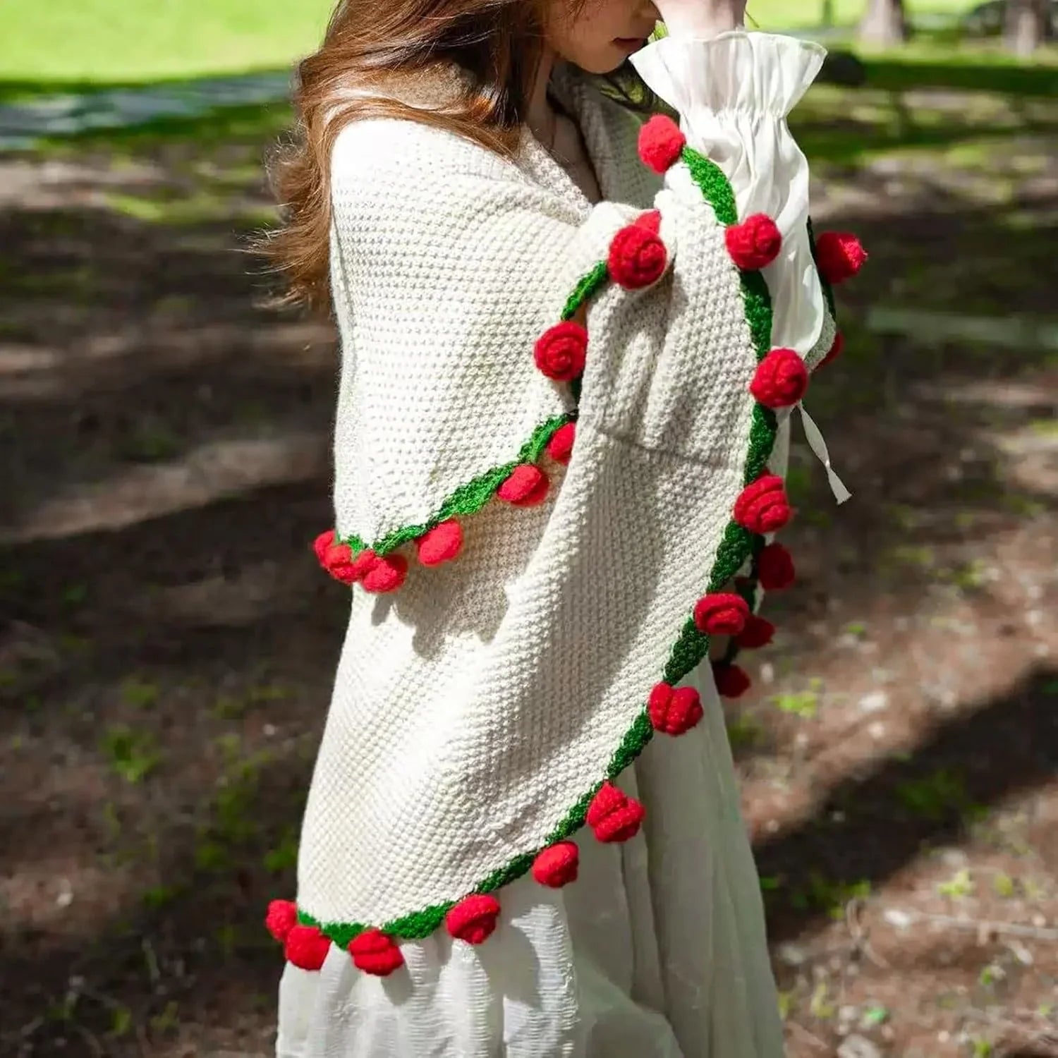 Cashmere Crochet Flower Bouquet Blanket-Red Roses
