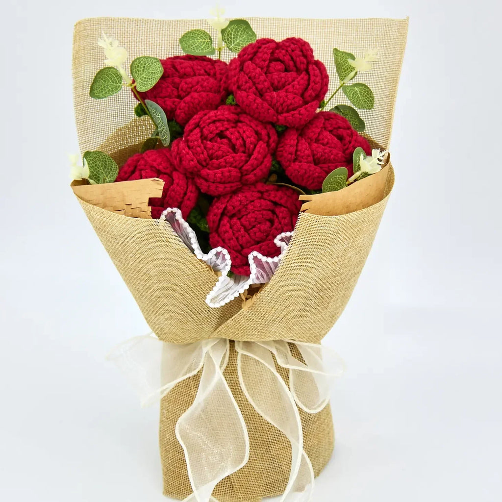 Crochet Red Rose Bouquet with Light Linen Wrapping