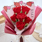 Crochet Cup-Shaped Red Rose Bouquet with Red Wrapping