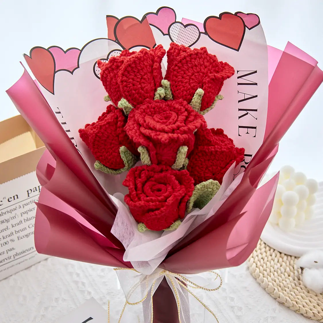 Crochet Cup-Shaped Red Rose Bouquet with Red Wrapping