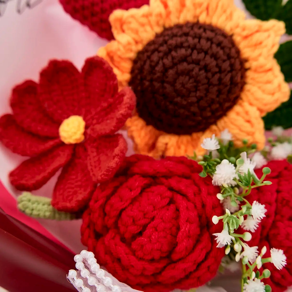 Red Crochet Rose Sunflower Bouquet