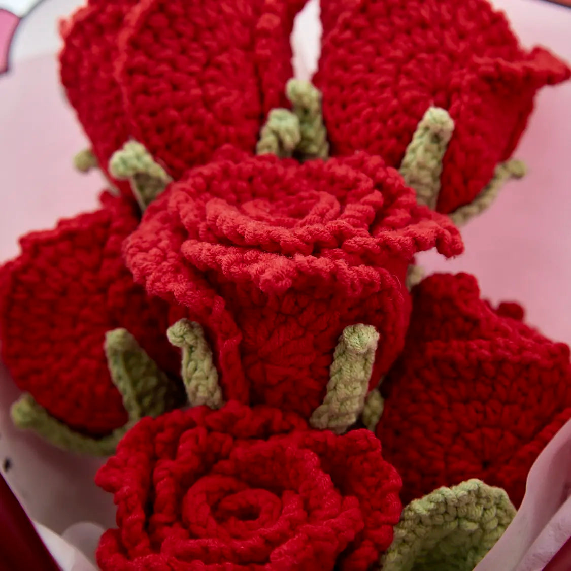 Crochet Cup-Shaped Red Rose Bouquet with Red Wrapping
