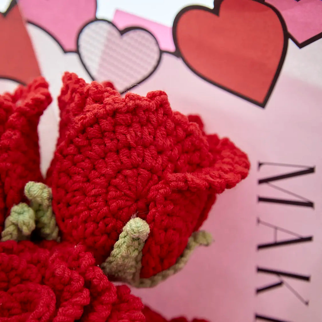 Crochet Cup-Shaped Red Rose Bouquet with Red Wrapping