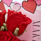 Crochet Cup-Shaped Red Rose Bouquet with Red Wrapping