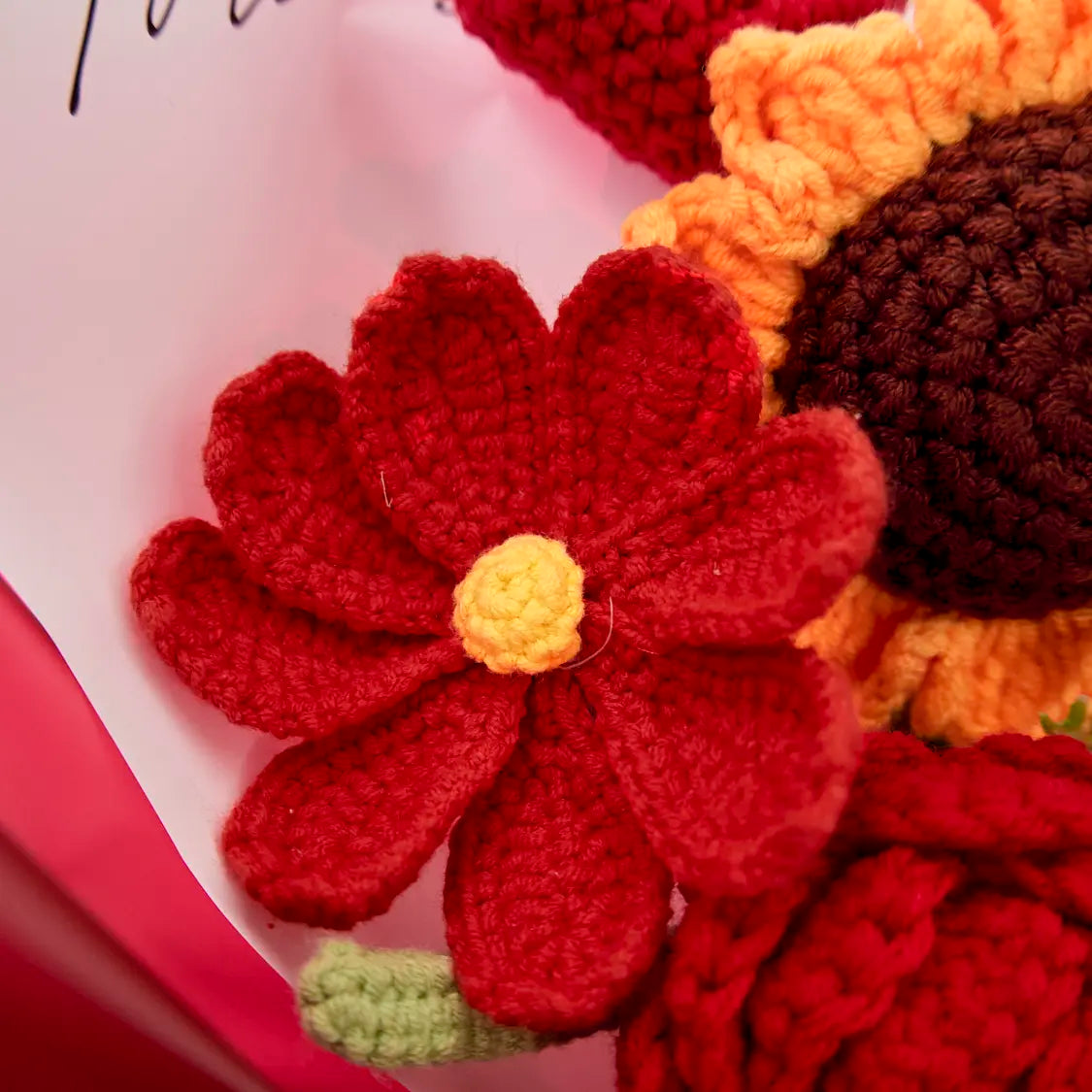 Red Crochet Rose Sunflower Bouquet