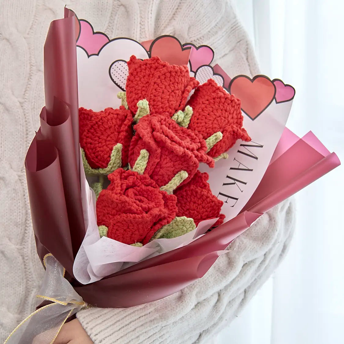 Crochet Cup-Shaped Red Rose Bouquet with Red Wrapping