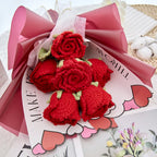 Crochet Cup-Shaped Red Rose Bouquet with Red Wrapping