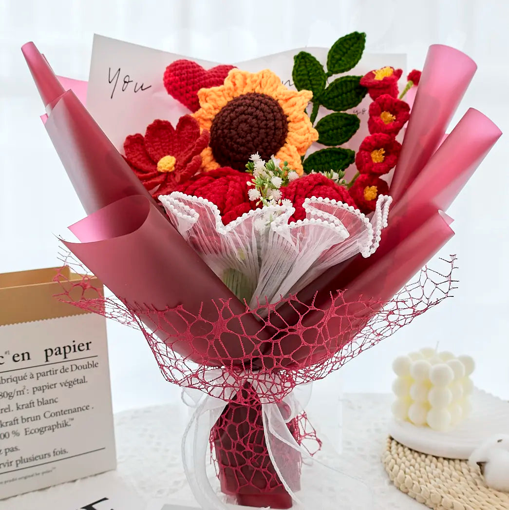 Red Crochet Rose Sunflower Bouquet