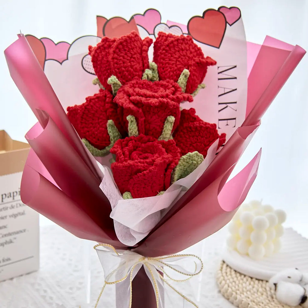 Crochet Cup-Shaped Red Rose Bouquet with Red Wrapping