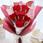 Crochet Cup-Shaped Red Rose Bouquet with Red Wrapping