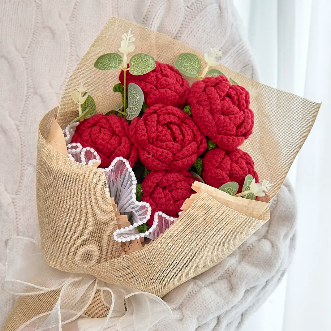 Crochet Red Rose Bouquet with Light Linen Wrapping