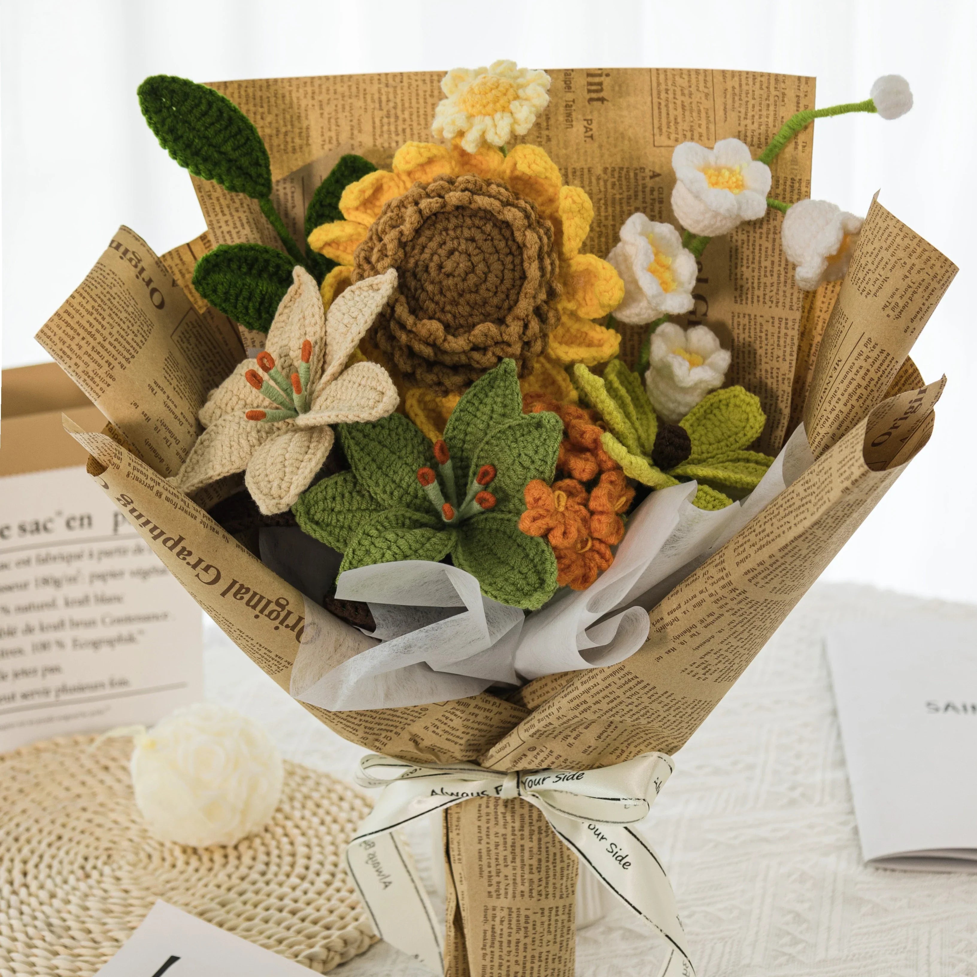 Crochet Sunflower Lily Bouquet with Newspaper Wrapping