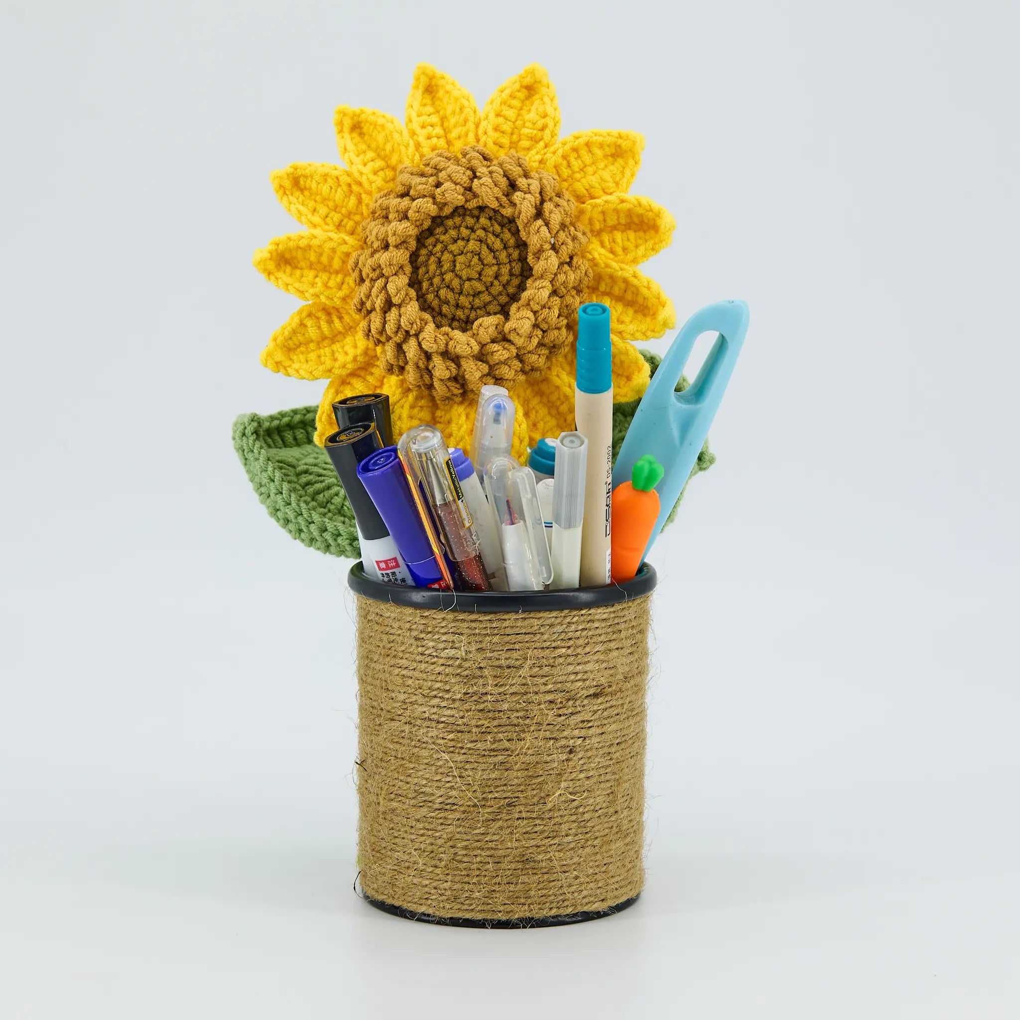 Crochet Sunflower Pen Holder-Brown Pot
