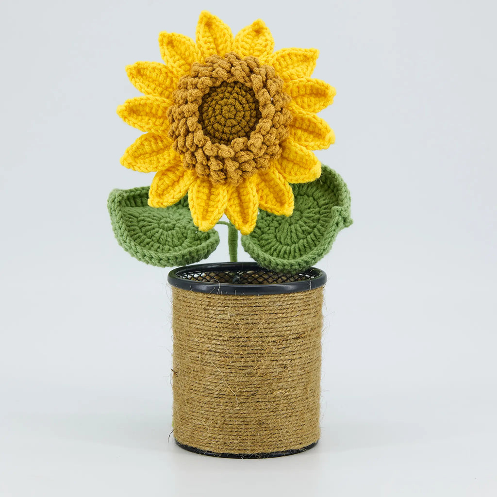 Crochet Sunflower Pen Holder-Brown Pot