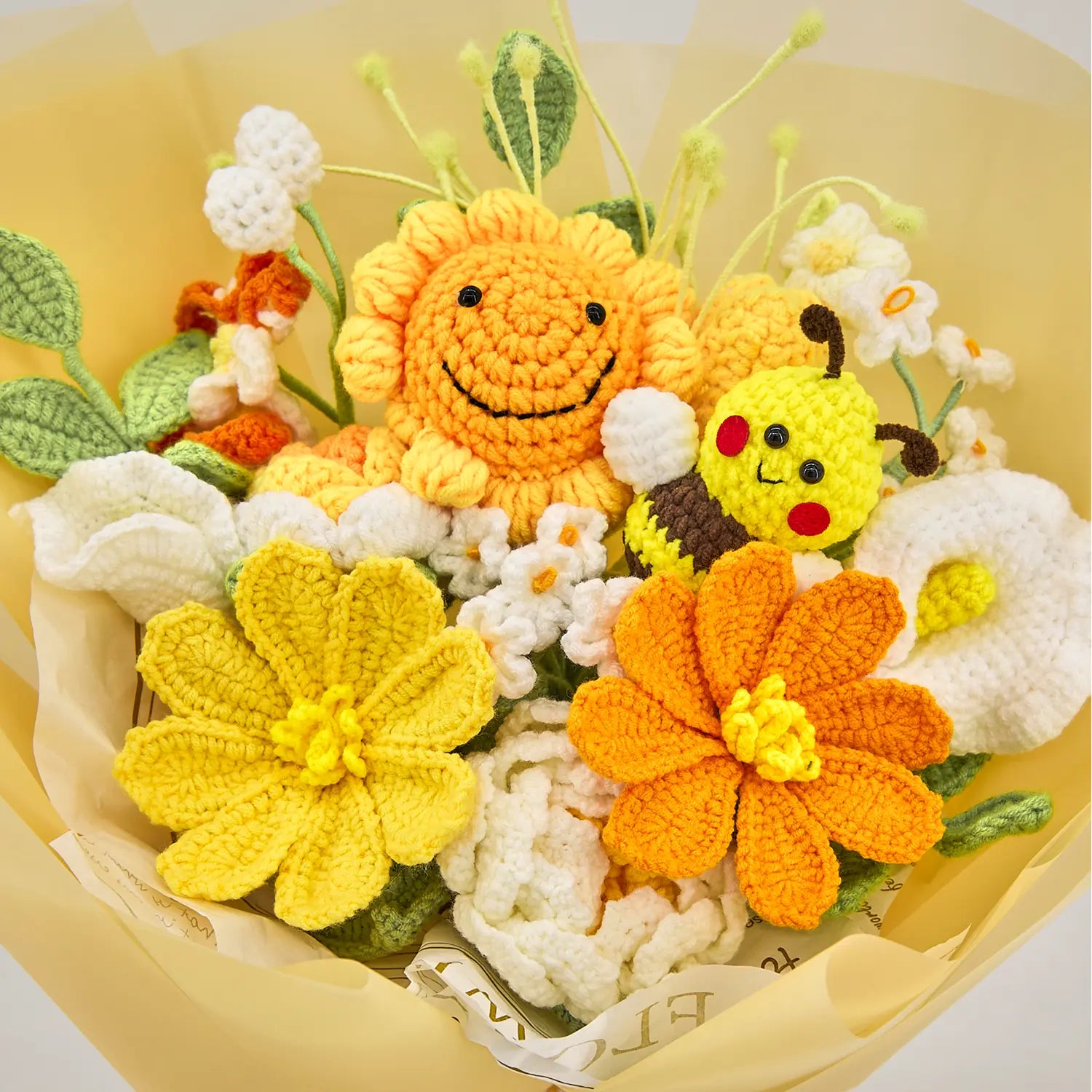 Crochet Sunflower & Bee Bouquet with Yellow Wrapping